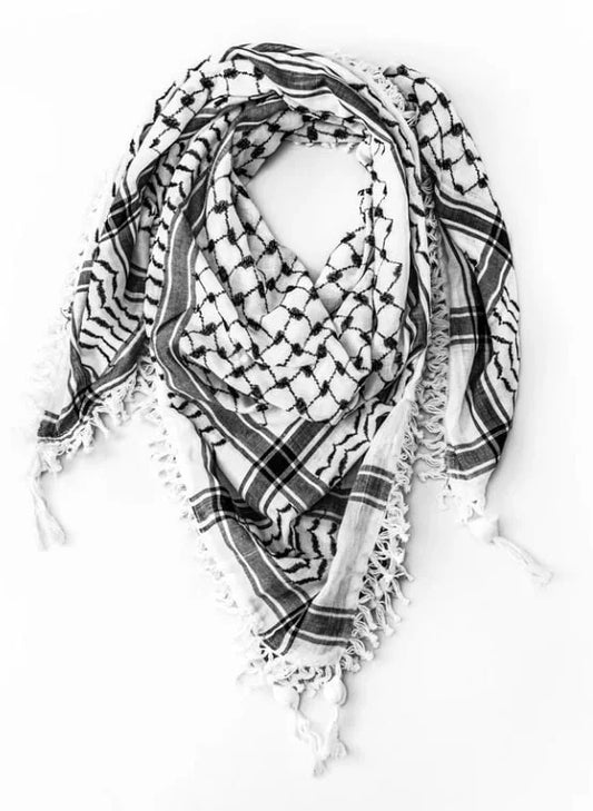 Handmade Palestinian Keffiyeh scarf with black and white traditional pattern
