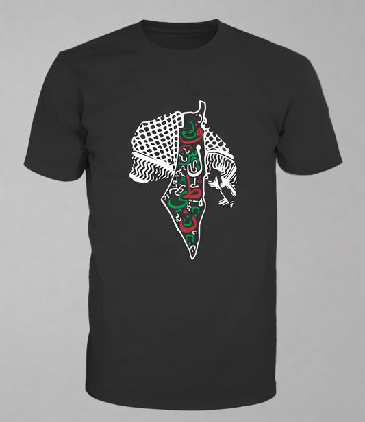 palestine map with arabic caligraphy and keffiyeh