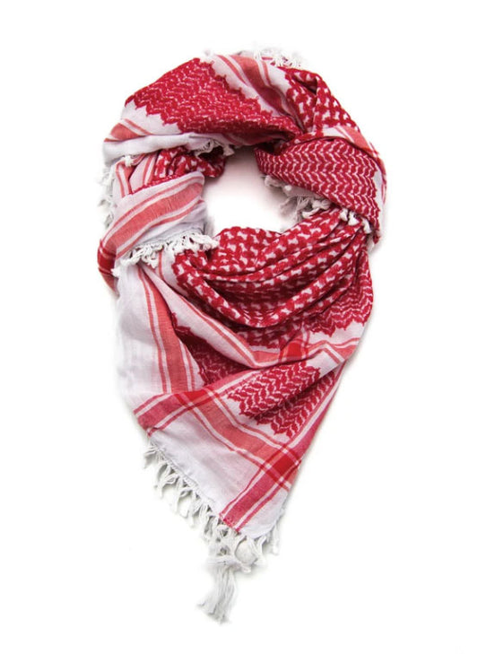 Handmade Palestinian Keffiyeh scarf with red and white traditional pattern
