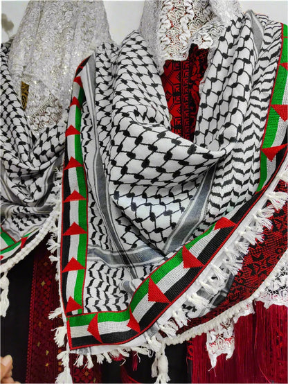 Palestine Keffiyeh with Palestine flag embroidery surrounded